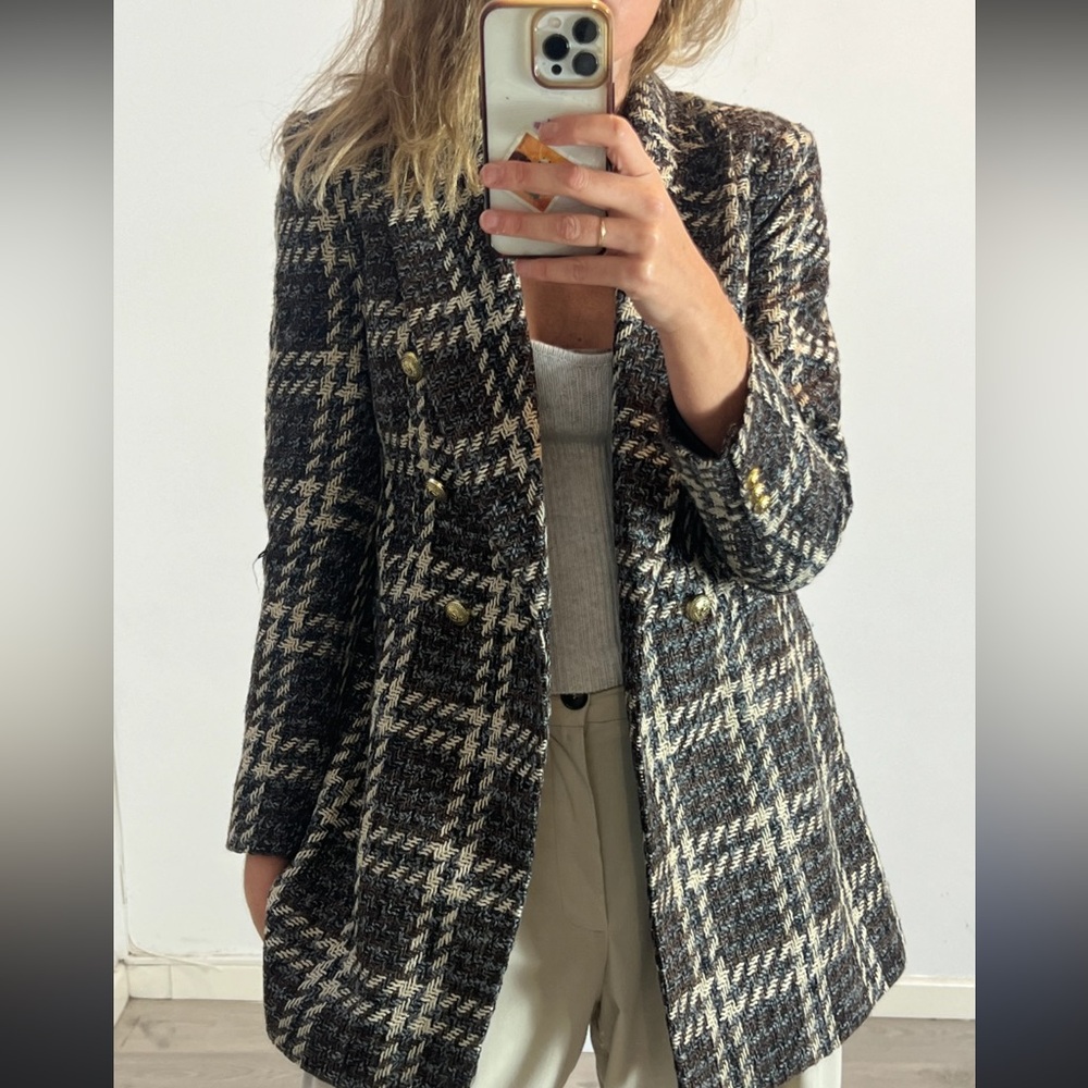 Zara Women's Black and Cream Checkered Blazer